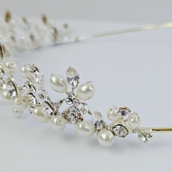 David\'s Bridal Swarovski Crystal Cultured Pearl Silver Wedding Tiara Headpiece main image 7